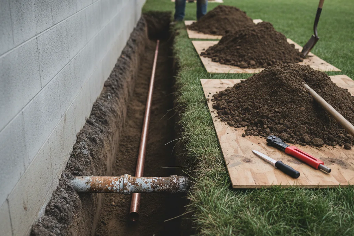 Excavated water line trench during Water Heater Repair in Forsyth